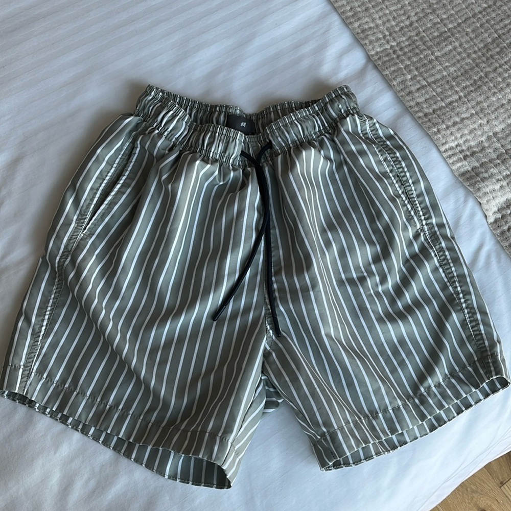 Swim trunks sage and white stripes